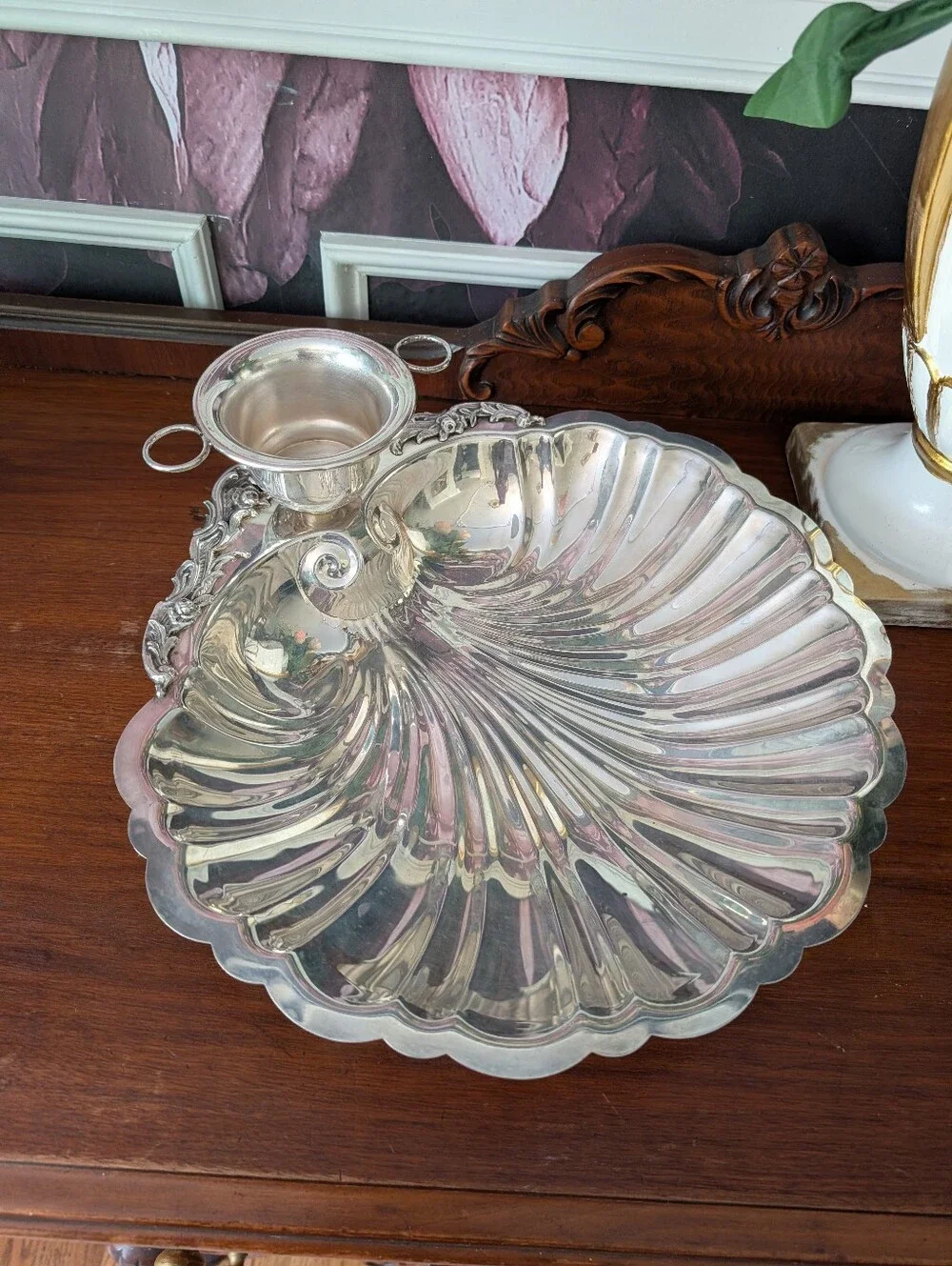 Vintage Keystone K Silver Plated Scallop Shell Serving Platter w/ Removable Bowl